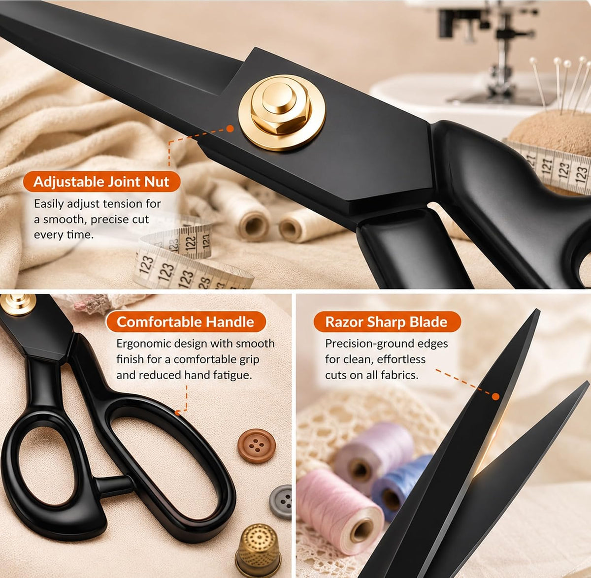 Black Tailor Scissors 9”, Heavy Duty Fabric Dressmaking Sewing Shears, High Carbon Steel
