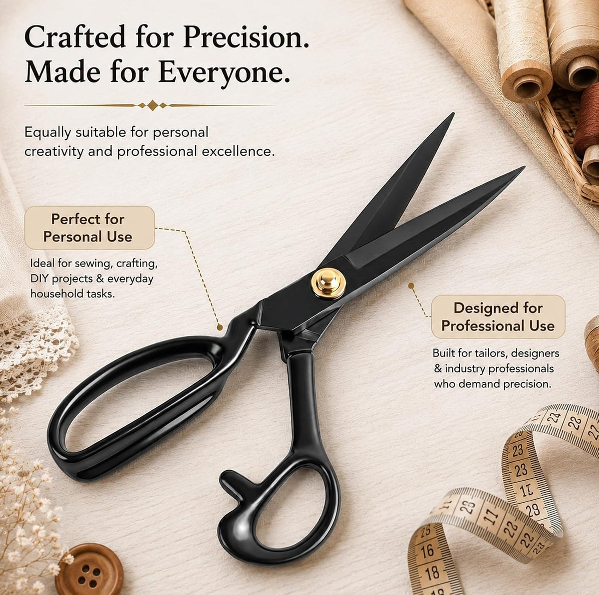 Black Tailor Scissors 8”, Heavy Duty Fabric Dressmaking Sewing Shears, High Carbon Steel
