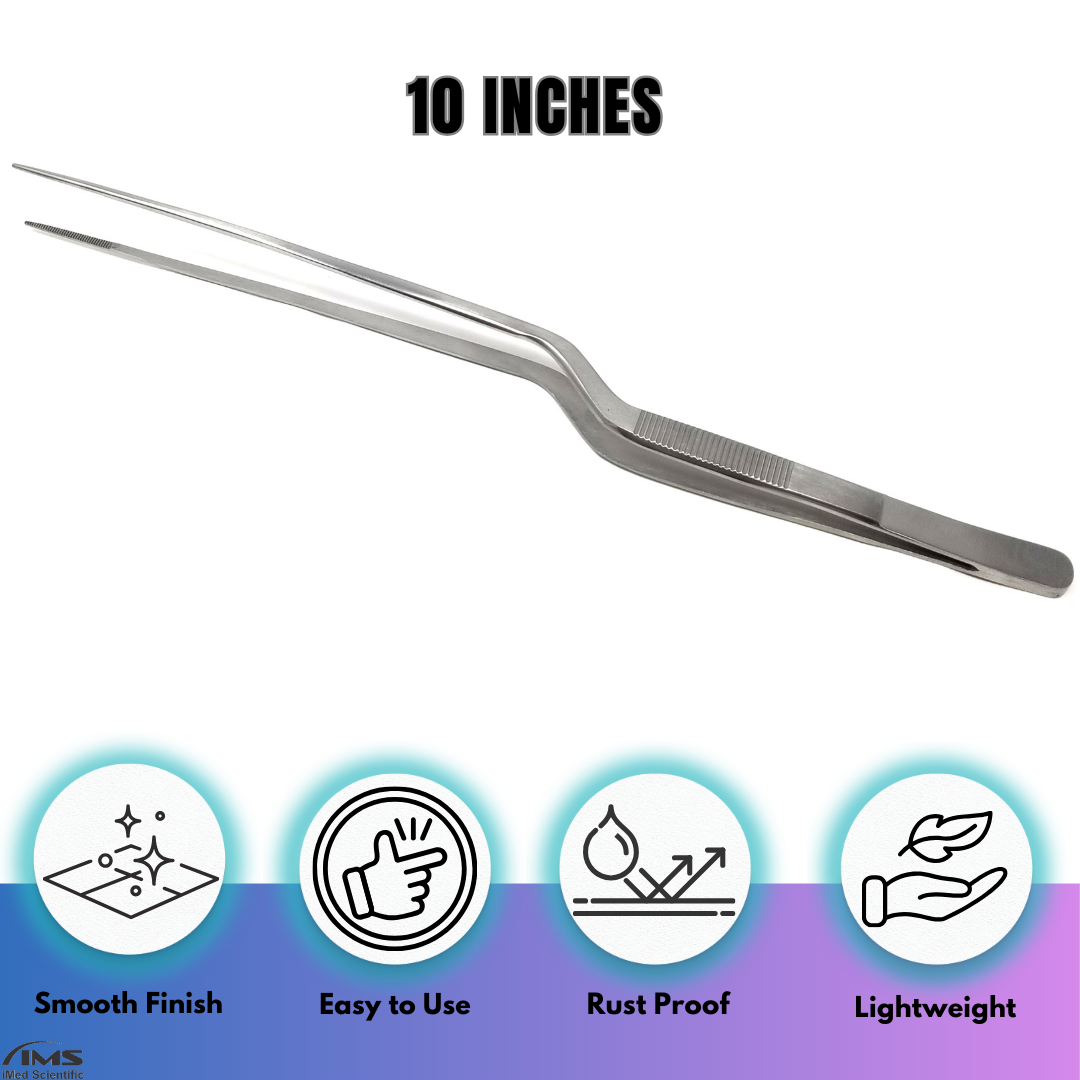 Stainless Steel Micro Surgical Forceps Offset Bayonet Handle Fine Serrated Points Lab Tweezers 10"