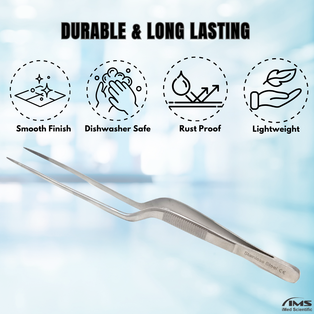 Stainless Steel Micro Surgical Forceps Offset Bayonet Handle Fine Serrated Points Lab Tweezers 8"