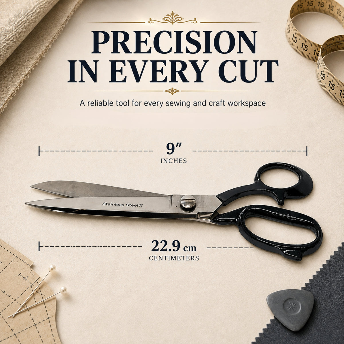 Fabric Scissors Tailor Sewing Shears 9-Inch Heavy-Duty Stainless Steel, Black Handle