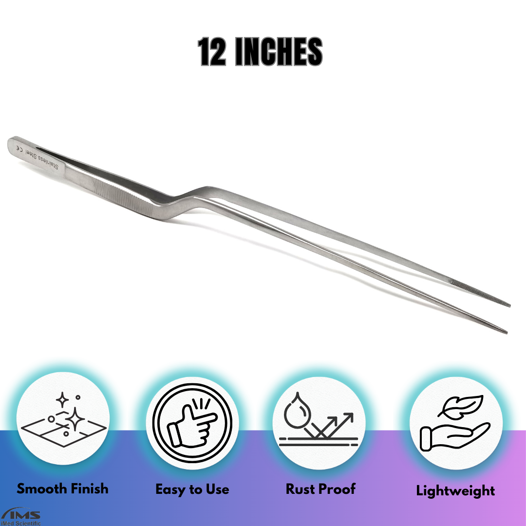 Stainless Steel Micro Surgical Forceps Offset Bayonet Handle Fine Serrated Points Lab Tweezers 12"