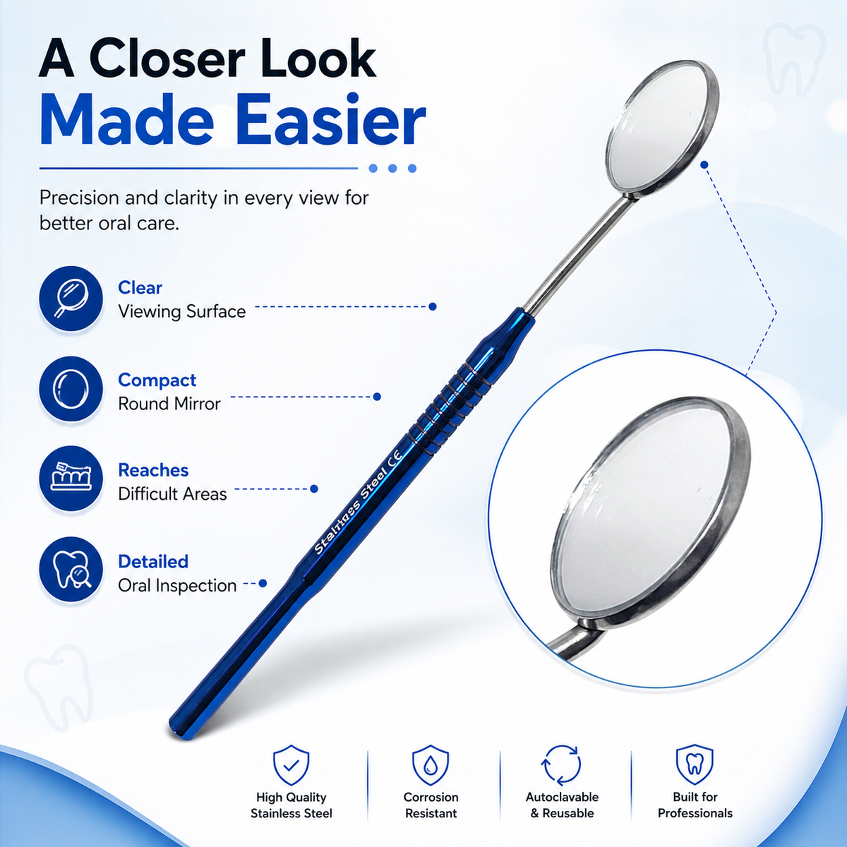 Dental Mouth Mirror, Blue Titanium Hollow Handle 7", Stainless Steel