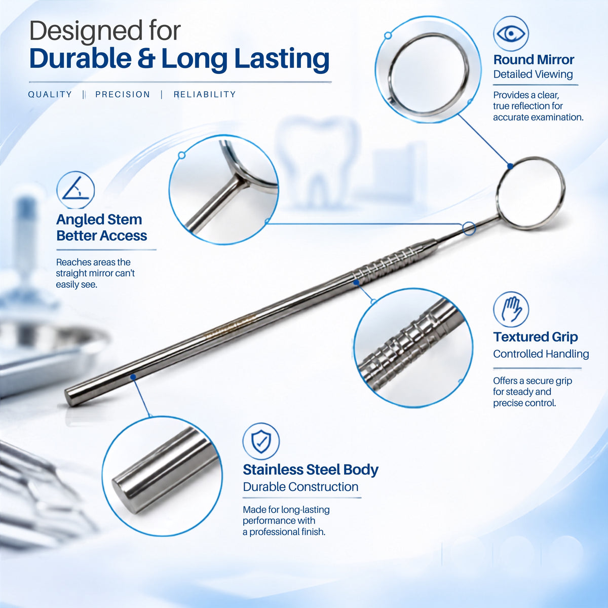 Dental Mouth Mirror #5, Textured Grip, Stainless Steel