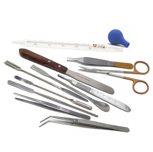 Lab Starter Kit with Stainless Spatulas, Forceps, Dissecting Scissors & Glass Pipettes - 11 Pcs Edition