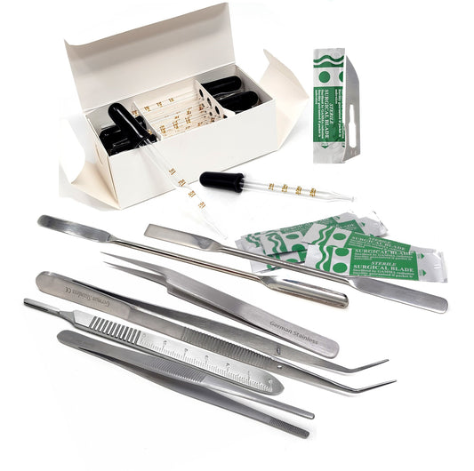 Lab Starter Kit with Stainless Spatulas, Forceps, Scalpel & Glass Pipettes - 28 Pcs Edition