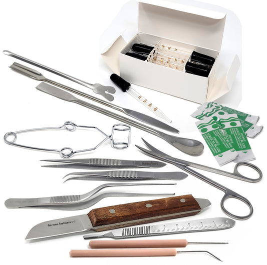 Lab Starter Kit with Stainless Spatulas, Forceps, Dissecting Scissors & Glass Pipettes - 34 Pcs Edition