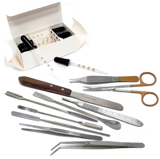 Lab Starter Kit with Stainless Spatulas, Forceps, Dissecting Scissors & Glass Pipettes - 22 Pcs Edition