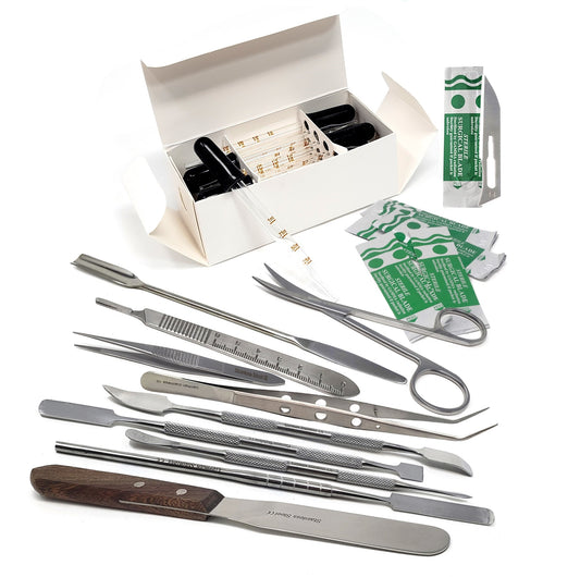 Lab Starter Kit with Stainless Spatulas, Forceps, Dissecting Scissors & Glass Pipettes - 32 Pcs Edition