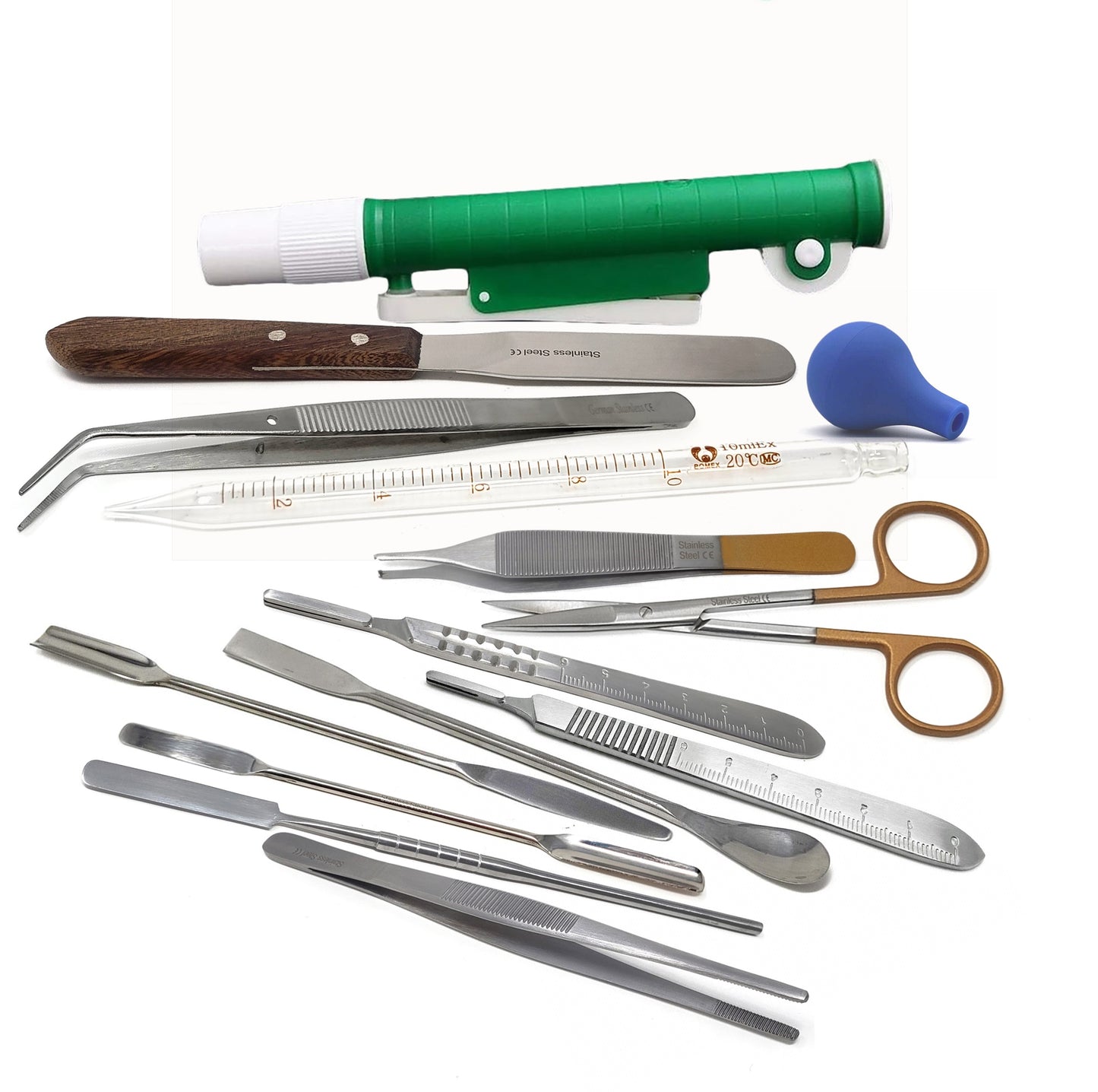 Lab Starter Kit with Stainless Spatulas, Forceps, Dissecting Scissors & Glass Pipettes - 13 Pcs Edition