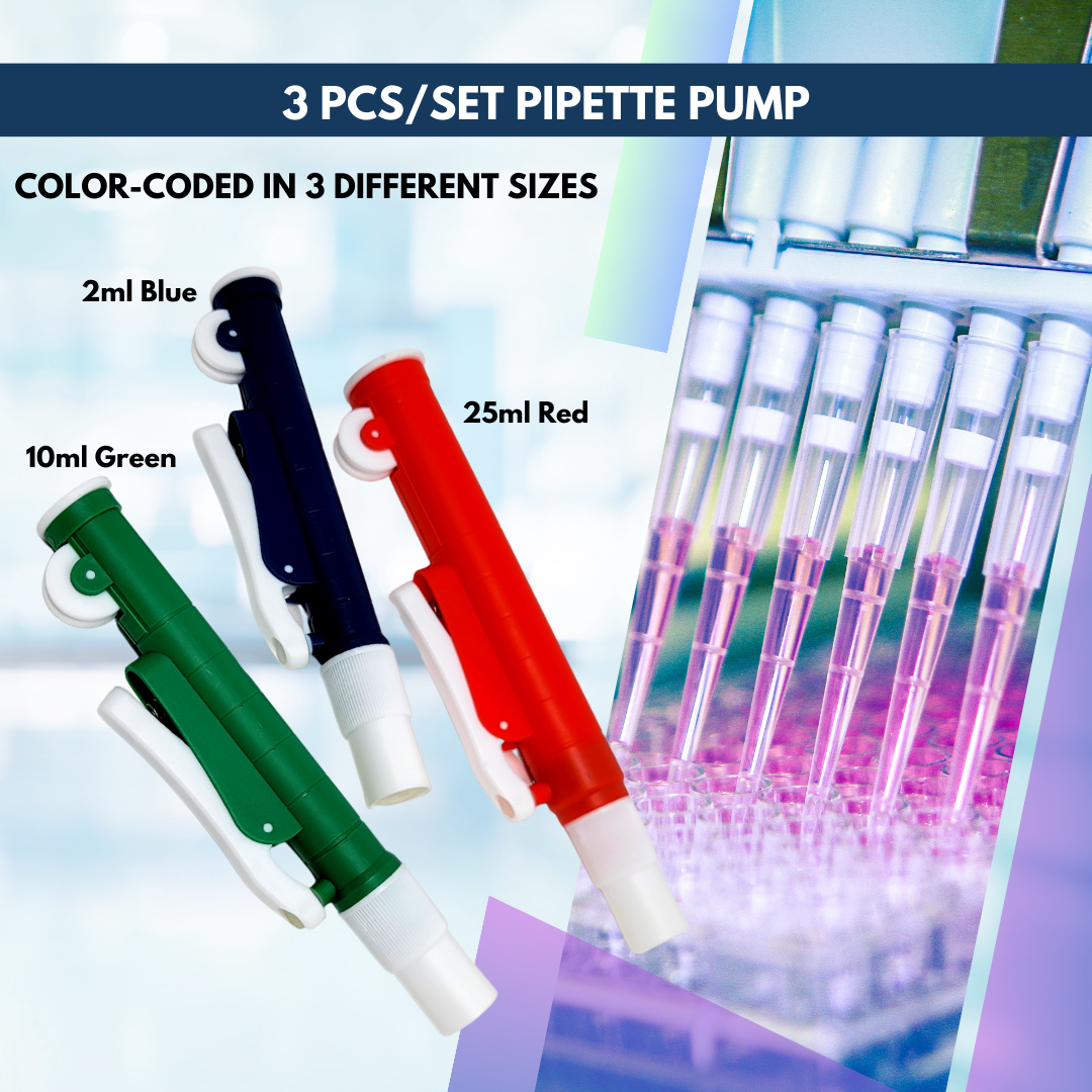 Set of 3 Lab Pipette Pumps Color Coded 2ml Blue + 10ml Green + 25ml Red for Plastic or Glass Pipettes