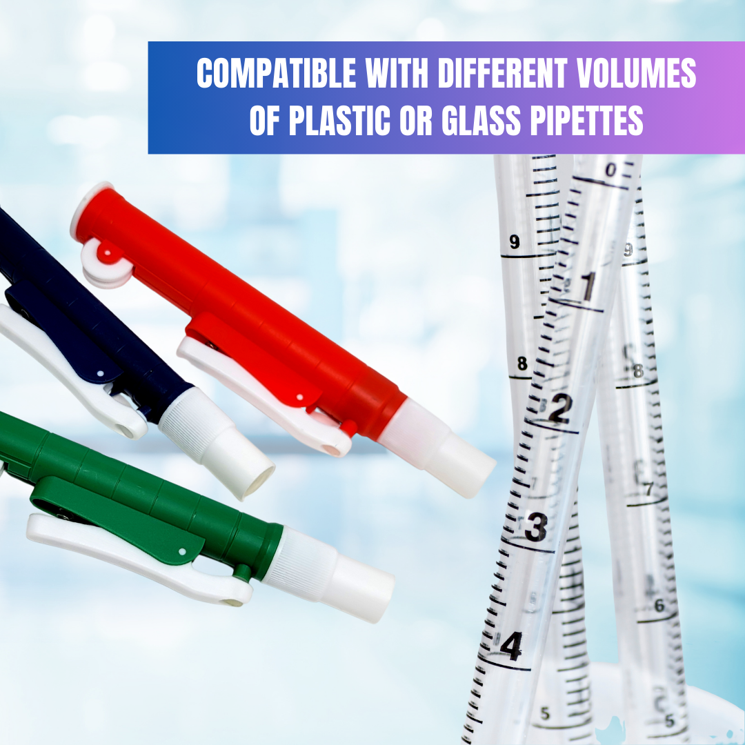 Set of 3 Lab Pipette Pumps Color Coded 2ml Blue + 10ml Green + 25ml Red for Plastic or Glass Pipettes