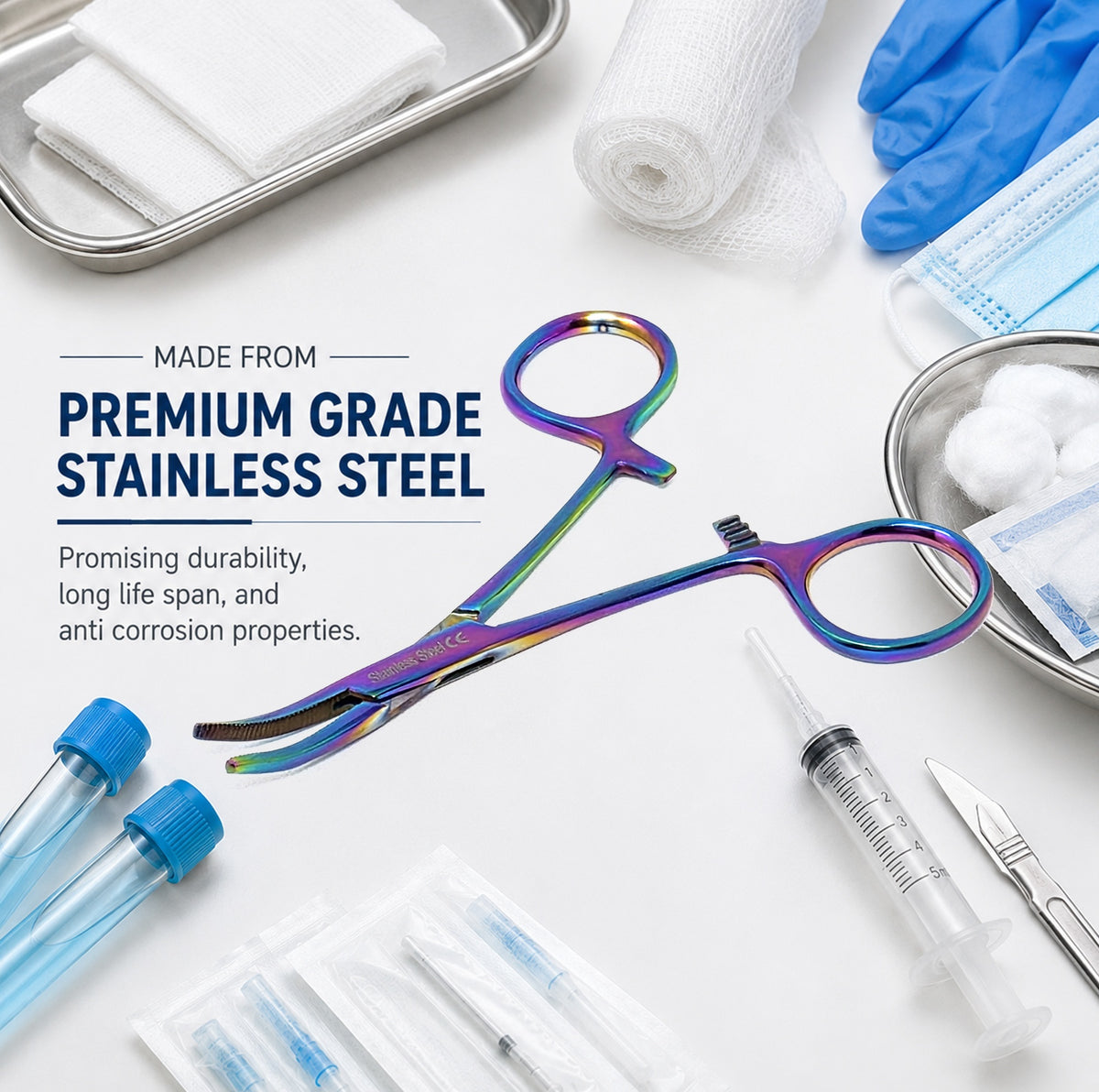 4" Hemostat Forceps, Curved Serrated, Stainless Steel, Multi