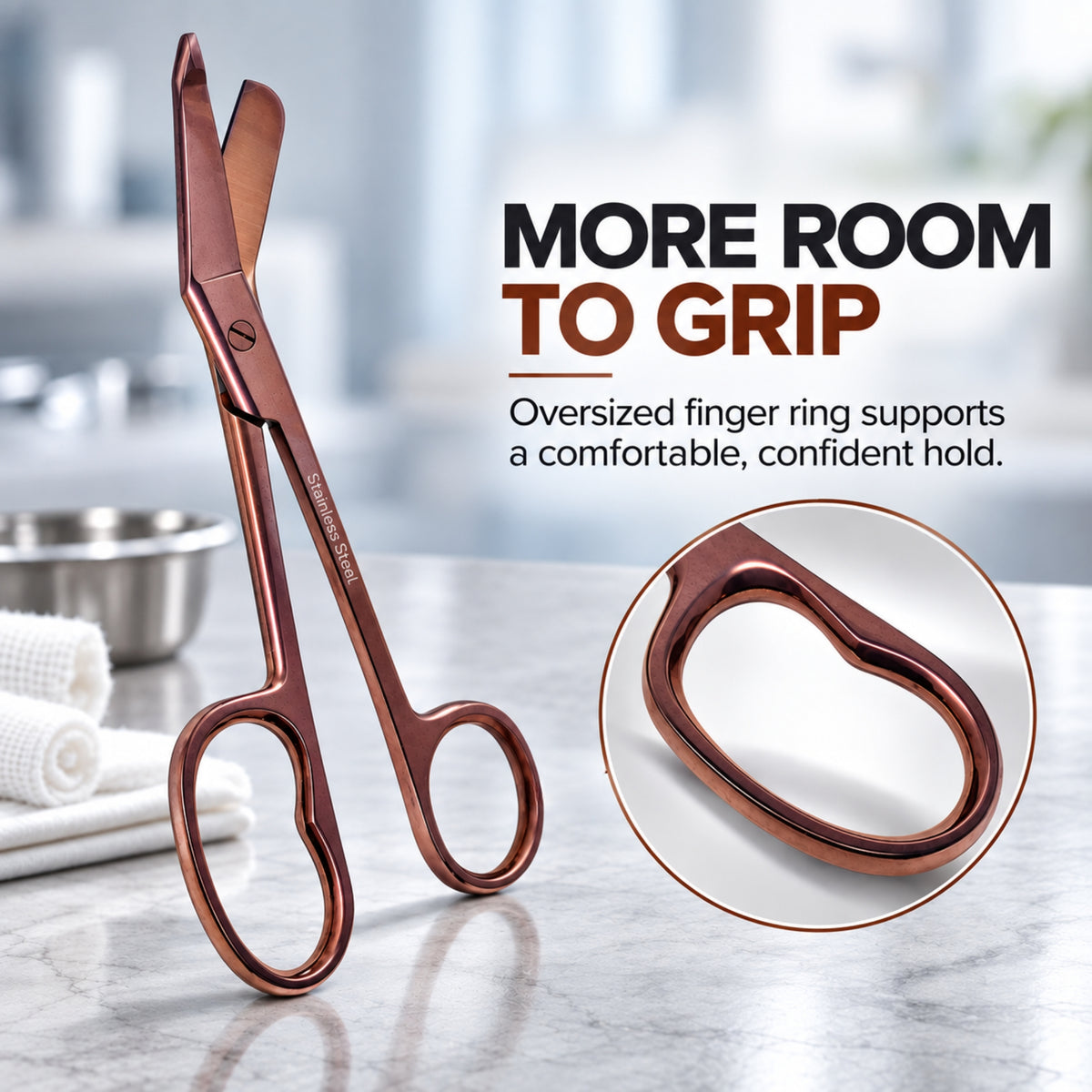 One Large Ring 7.25", Nurse Bandage Scissors, Rose Gold, German Steel