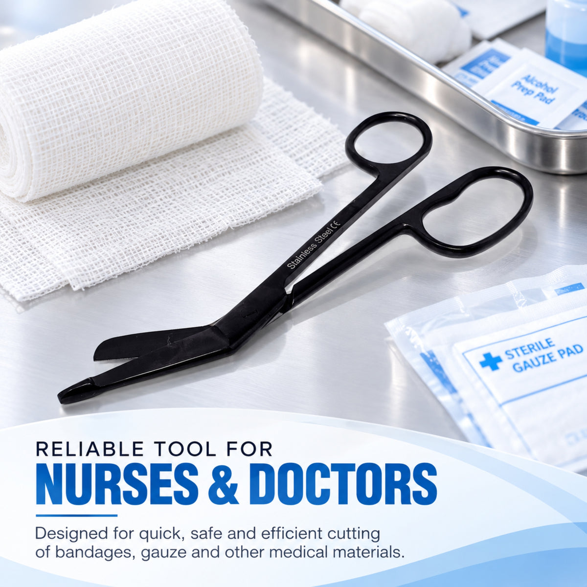 7.25" One Large Ring Nurse Bandage Scissors, German Steel, (Black Color)