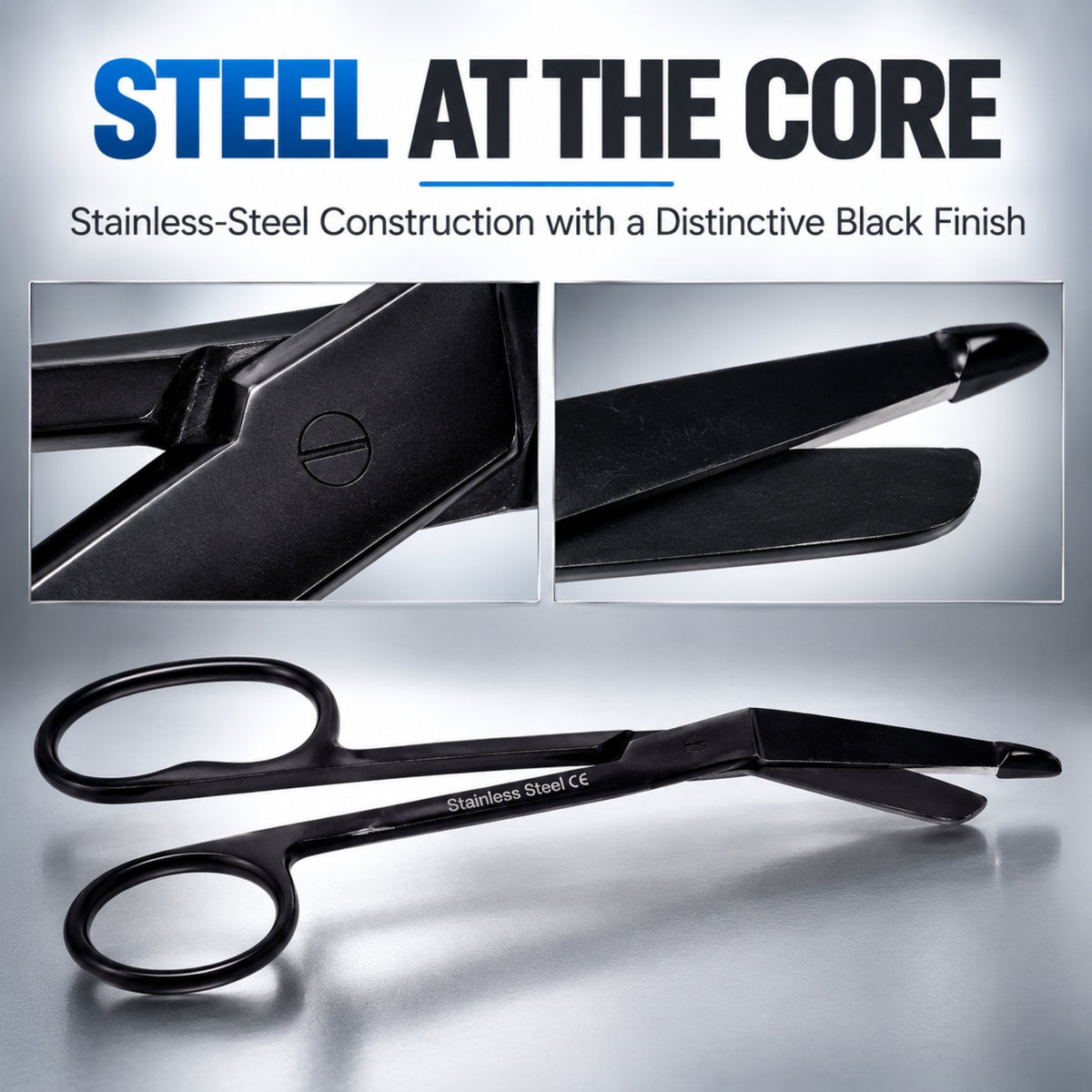 7.25" One Large Ring Nurse Bandage Scissors, German Steel, (Black Color)