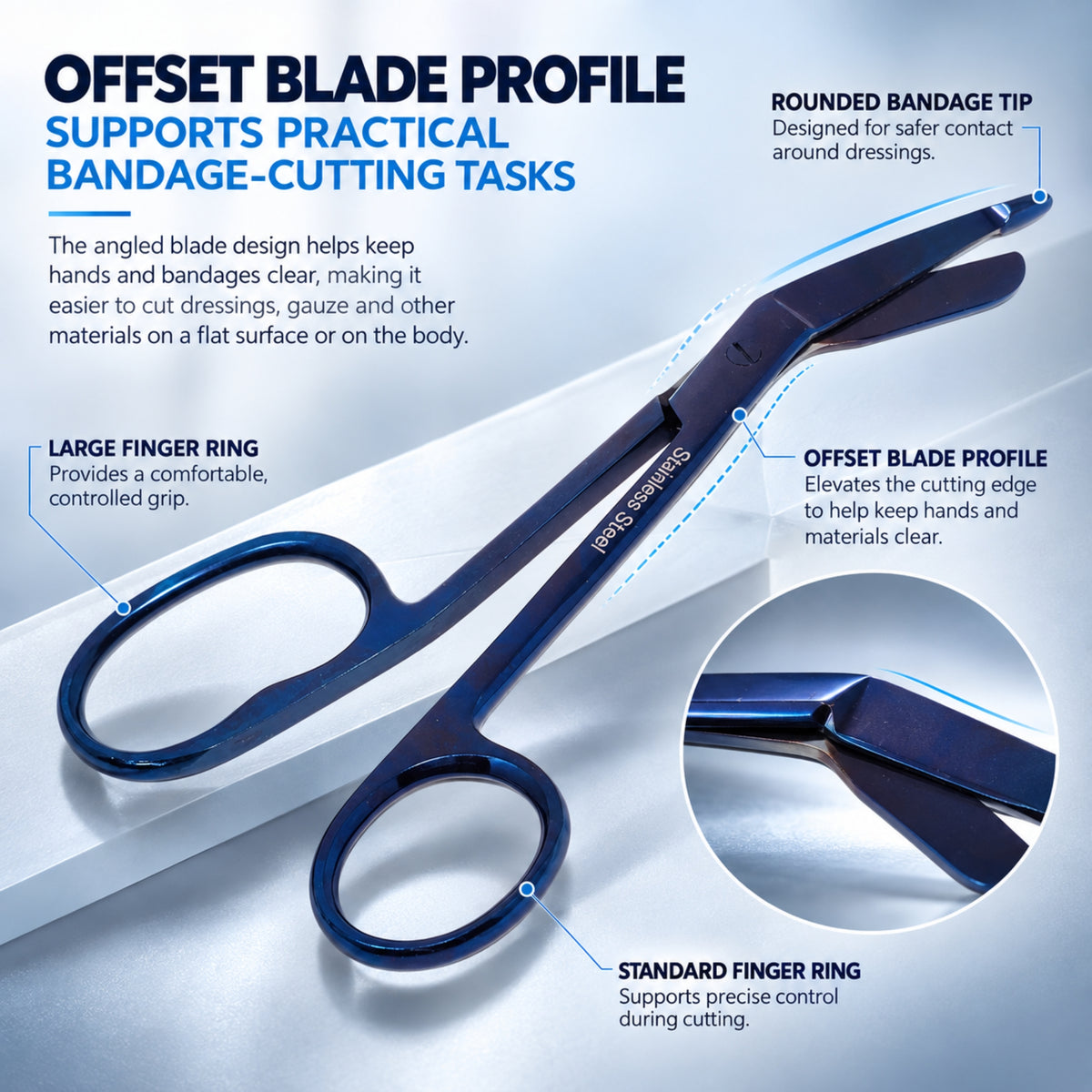 7.25" One Large Ring Nurse Bandage Scissors, German Steel, (Blue Color)