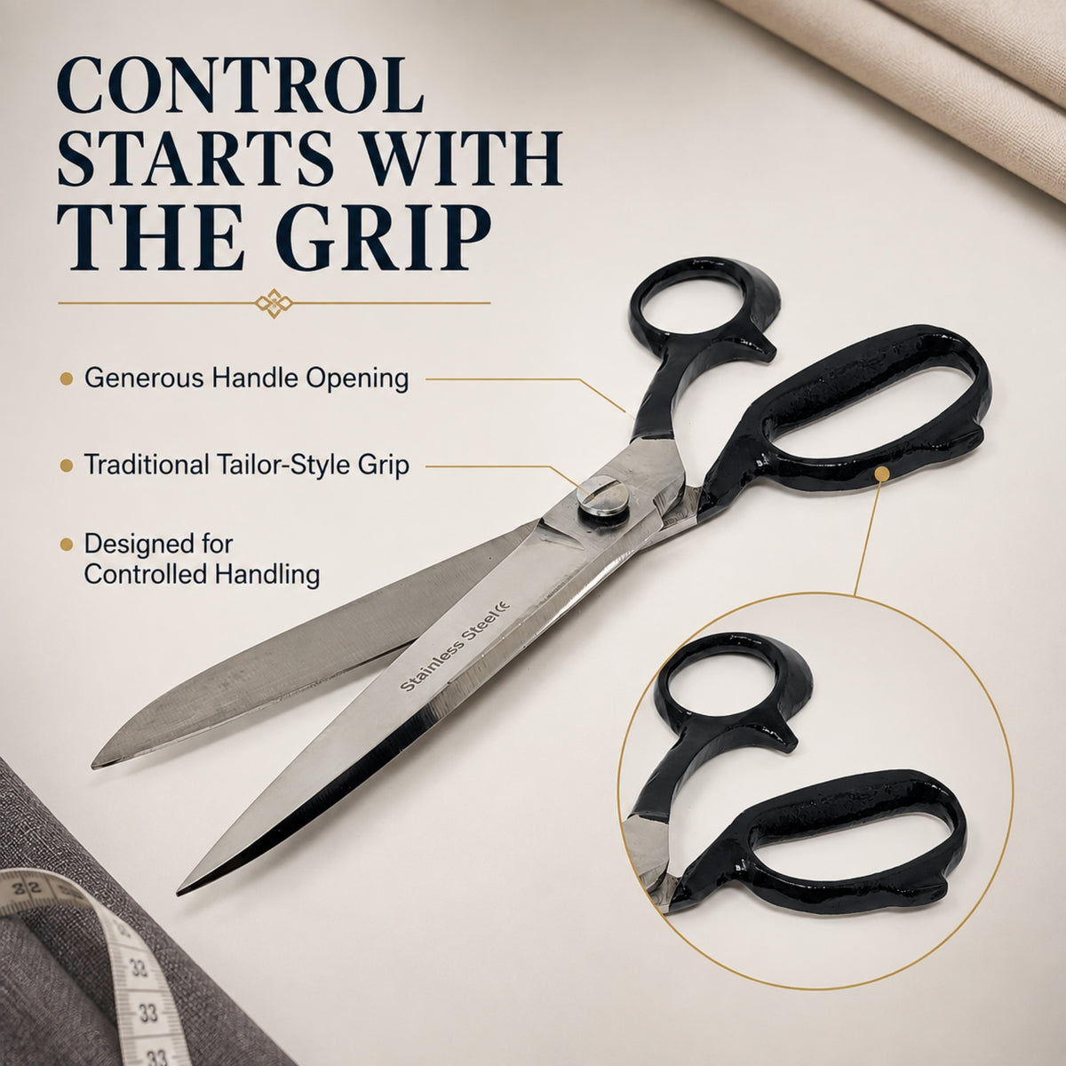 Fabric Scissors Tailor Sewing Shears 12-Inch Heavy-Duty Stainless Steel, Black Handle