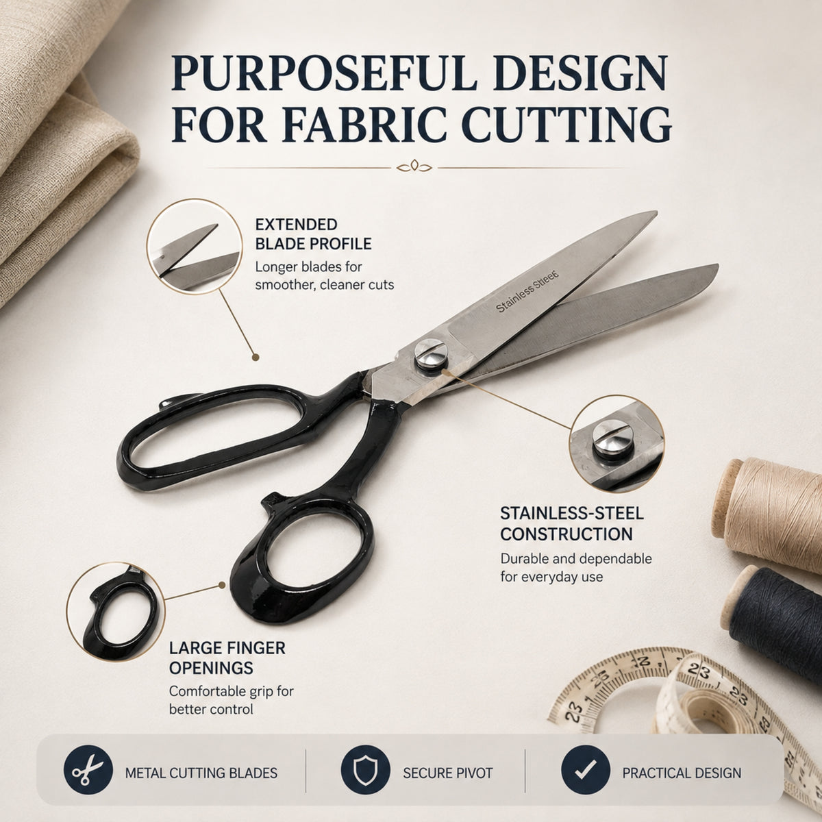 Fabric Scissors Tailor Sewing Shears 8-Inch Heavy-Duty Stainless Steel, Black Handle