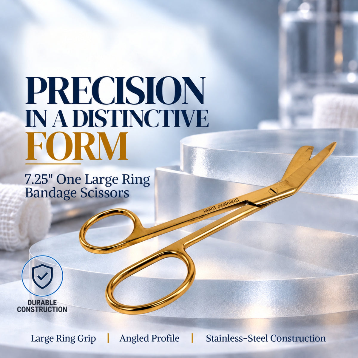 7.25" One Large Ring Nurse Bandage Scissors, German Steel, Full Gold