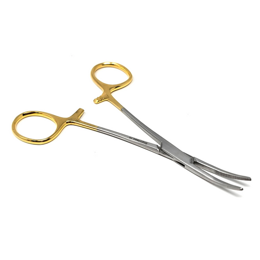Kelly Hemostat Forceps 5.5" Curved Half Serrated Jaws, Stainless Steel, Gold Handle