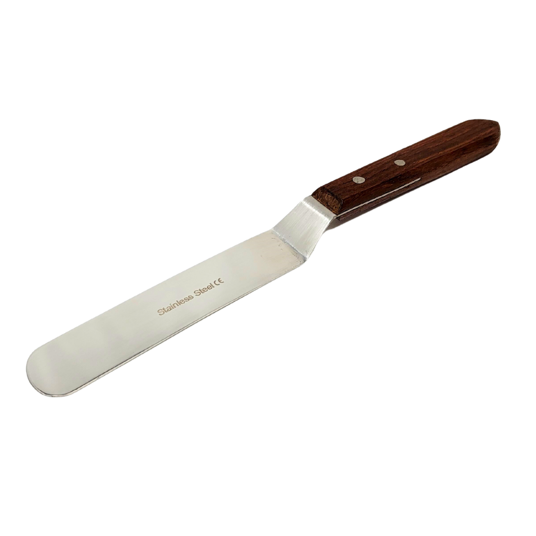 Stainless Steel Lab Spatula with Wooden Handle, 5" Offset Bayonet Blade, 9" Total Length