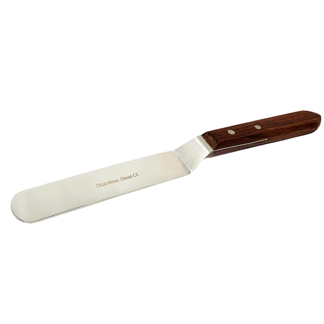 Stainless Steel Lab Spatula with Wooden Handle, 6" Offset Bayonet Blade, 10" Total Length