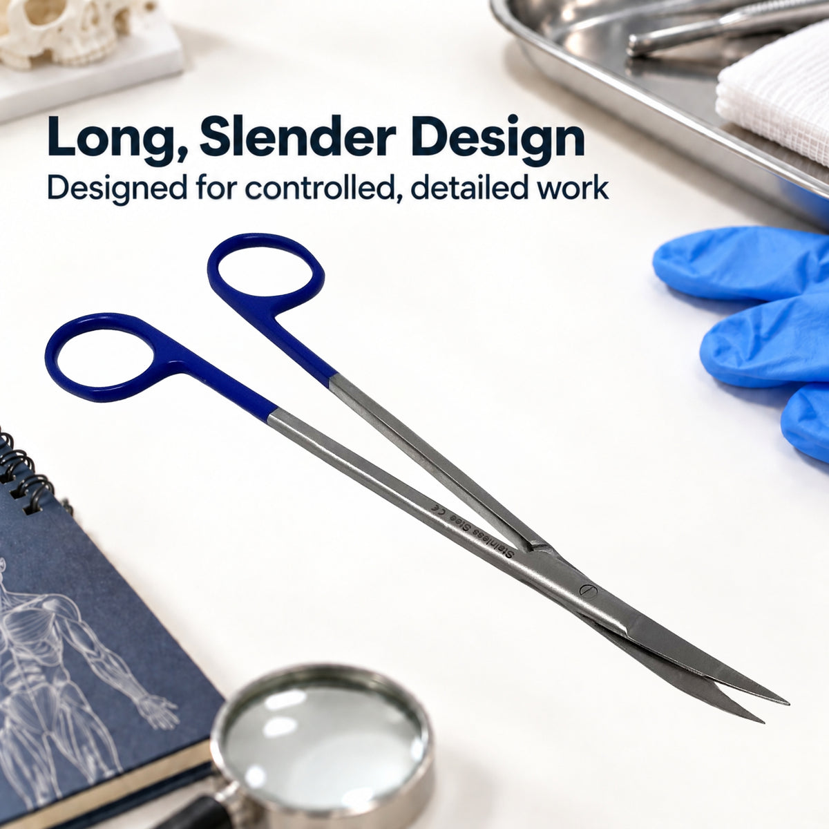 Micro IRIS Dissecting Scissors 7", Curve, Stainless Steel, Blue Handle
