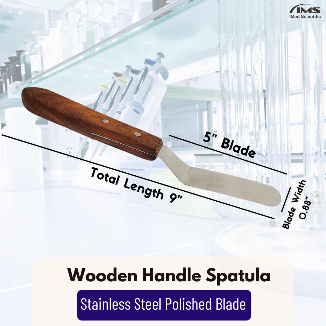 Stainless Steel Lab Spatula with Wooden Handle, 5" Offset Bayonet Blade, 9" Total Length