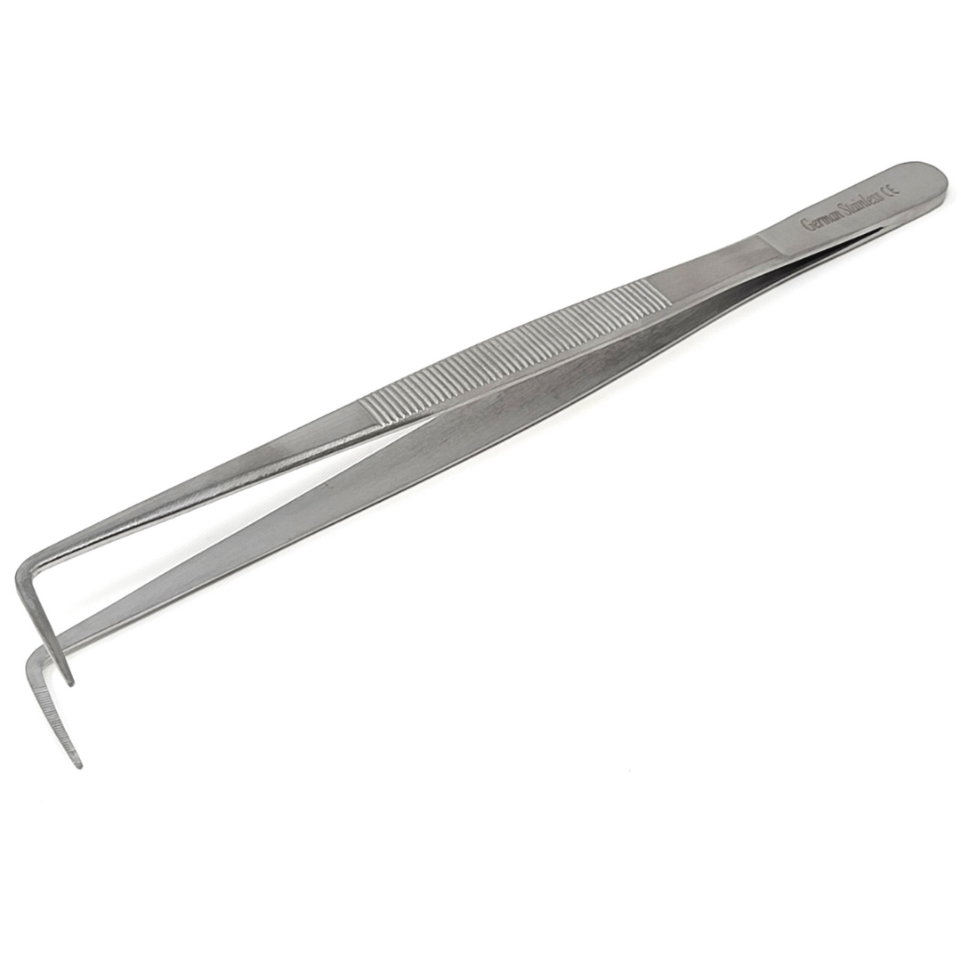 Stainless Steel Micro Surgical Forceps Right Angled Fine Serrated Points Lab Tweezers 8"