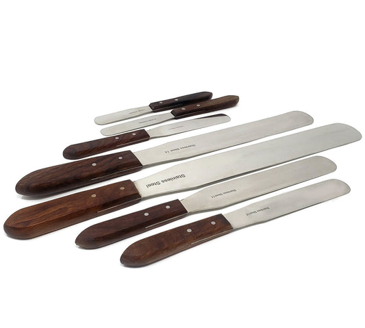 Set of 7 Pcs Stainless Steel Spatula Kitchen Utensil Chefs Knives Baking Tools Polished Blade, Wood Handle