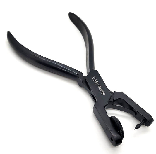 Leather Hole Punch Pliers with Multi-size Rotating Wheel Puncher for Belts, Watch Straps, Purses, 6.5" Long, Black