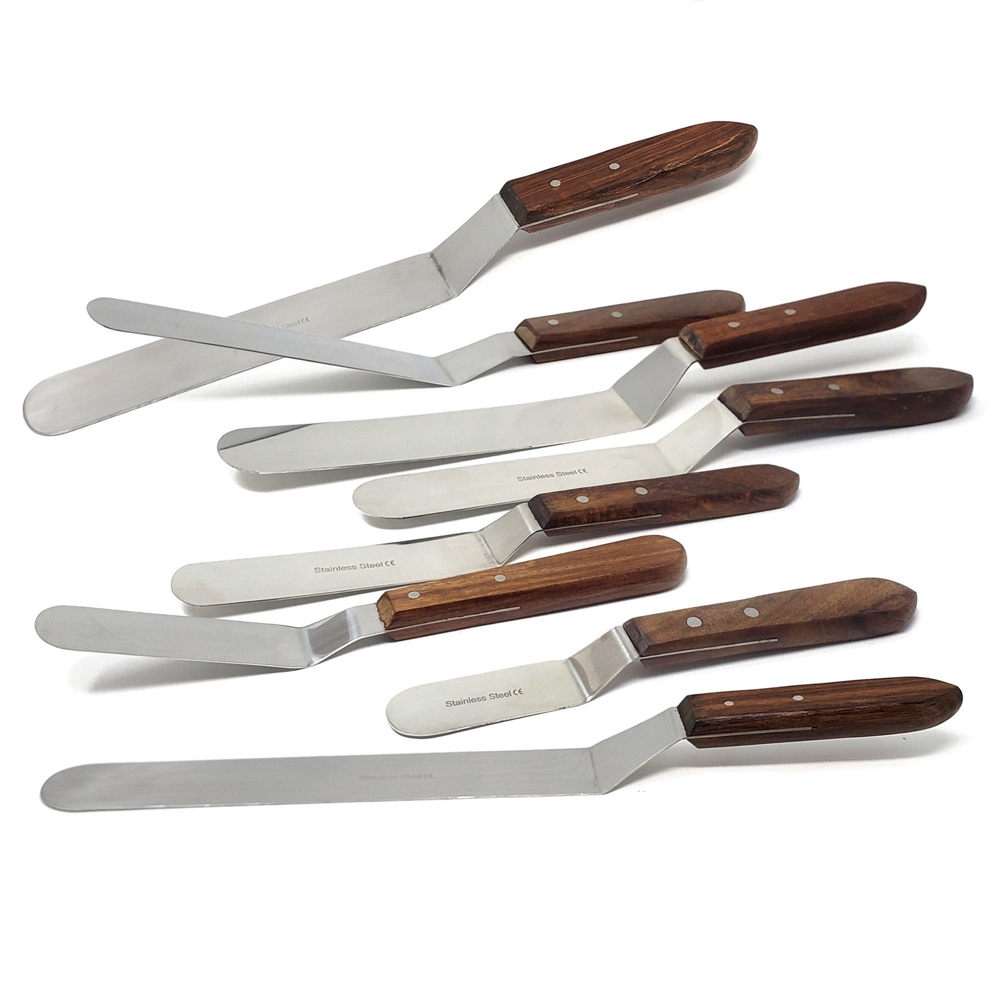 Set of 8 Pcs Stainless Steel Angled Lab Spatulas Wooden Handle, Offset Blades