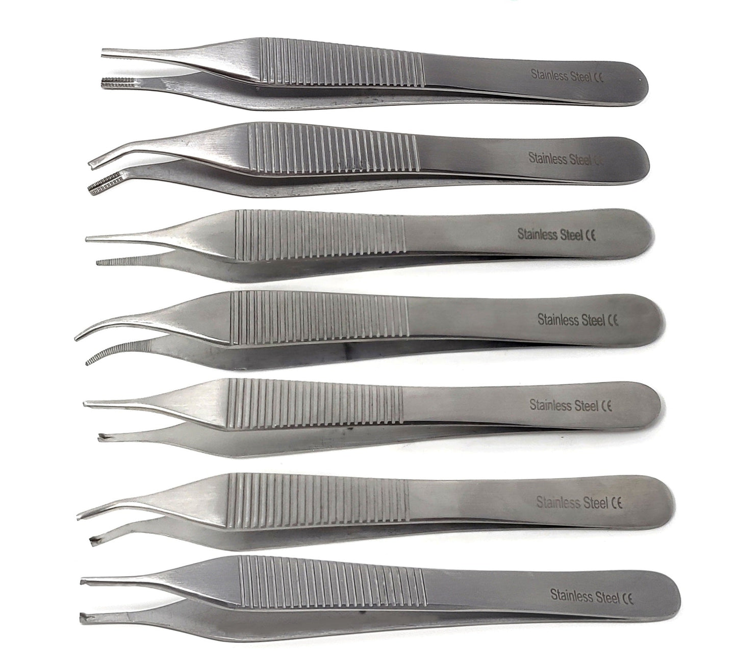 Set of 7 Assorted Adson Forceps Stainless Steel 4.75" Straight + Angled Dissecting Tweezers