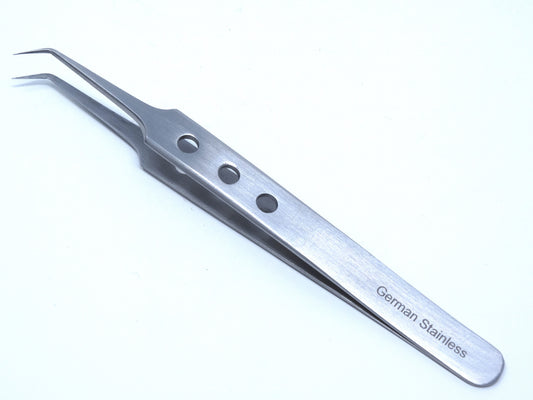 Stainless Steel Micro Surgical Forceps Tweezers A Type Angled, Fenestrated Handle, Fine Point, Premium Quality