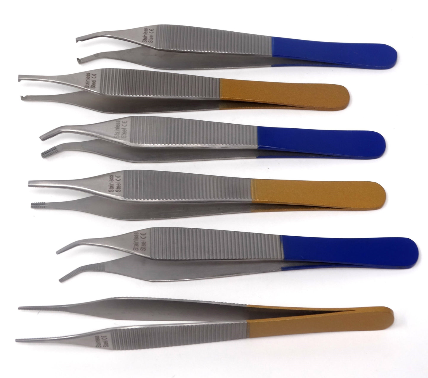 Set of 6 Adson Forceps Stainless Steel 4.75" Straight + Angled Dissecting Tweezers, Color Coded