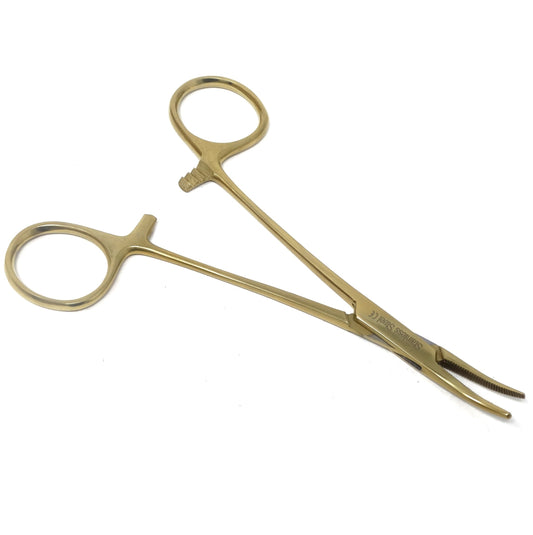 Pet Ear Hair Pulling Serrated Ratchet Forceps, Stainless Steel Grooming Tool, Full Gold 5" CRV