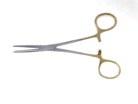 Pet Ear Hair Pulling Half Serrated Ratchet Forceps, Stainless Steel Grooming Tool, Gold Handle 5.5" STR