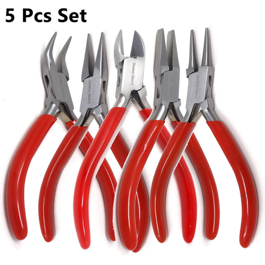 5-Piece Pliers Set Jewelers Kit 5" Stainless Steel Tools Cutting Pliers Beading Professional Jewelry Making Side Cutters Long Bent Nose Needle Nose Pliers