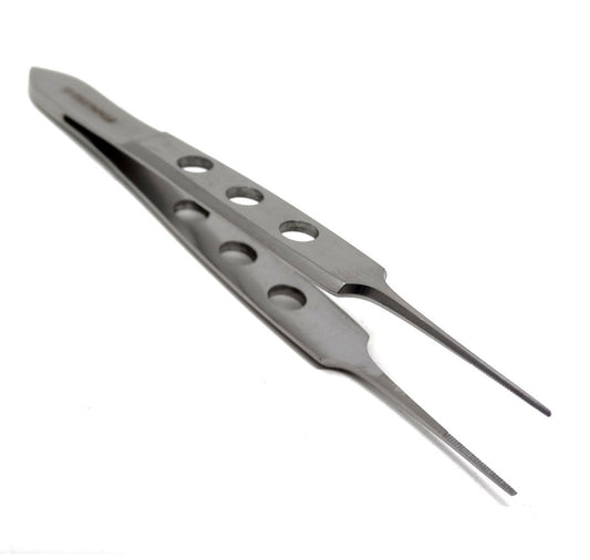 Bishop Harman Iris Eye Dressing Dissecting Forceps 3.5", Serrated Tips, Fenestrated Grip