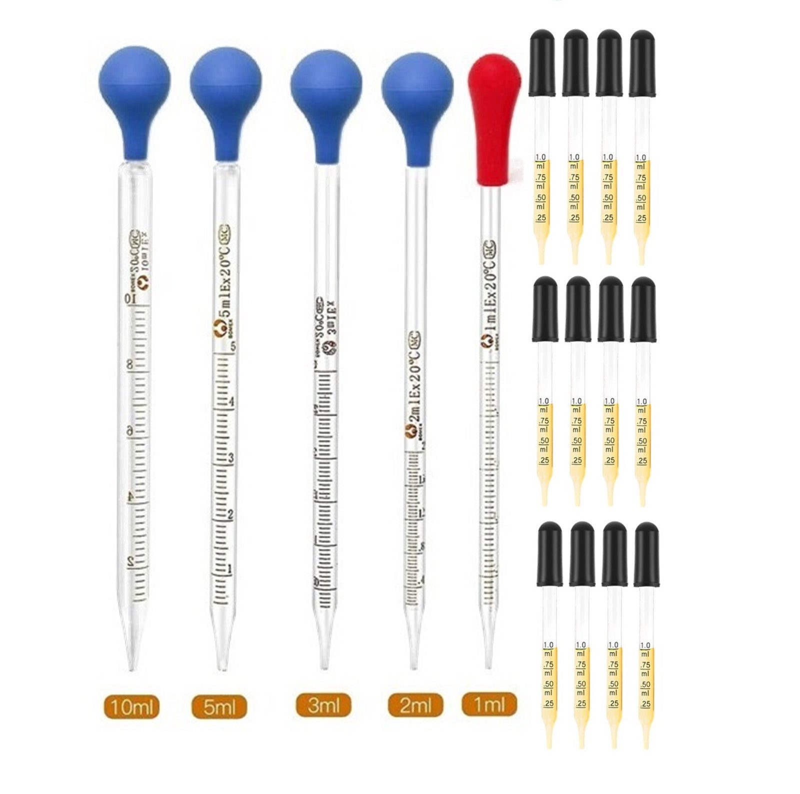Dropper For Lab Glass Pipettes Graduated Droppers Set of 17 Pcs with Rubber Heads Lab ...