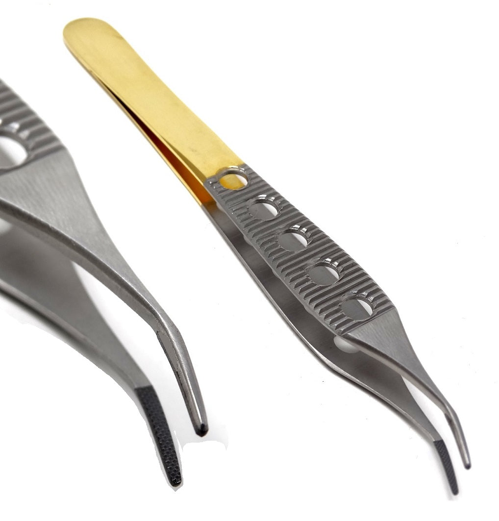 TC Adson Dressing Serrated Forceps 4.75", Curved, Gold Handle
